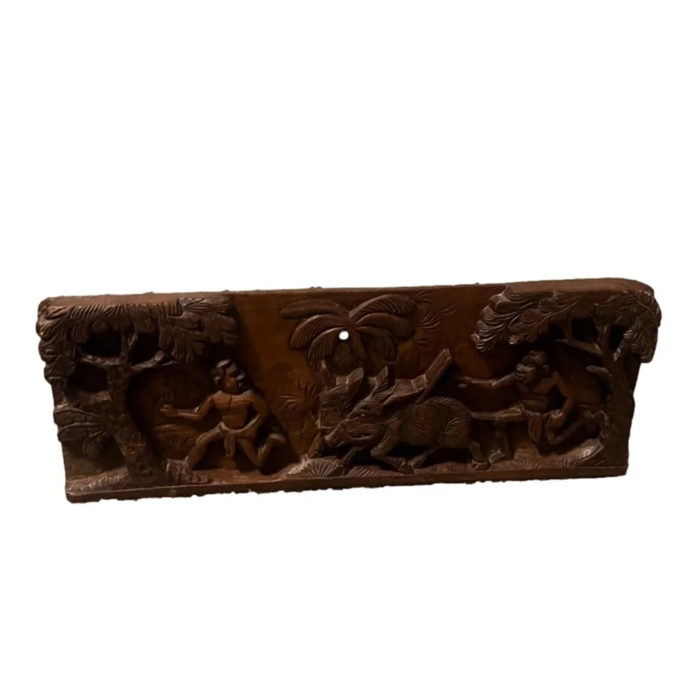 Vintage African Wooden Hand-carve Panel Wall Plaque Hunting Carving Wall Hanging